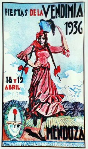 Afiche de 1936 con una vendimiadora de vestido rojo